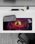 28x12 inches anime mouse pad in crimson clouds and deep violet shadows, sharp contrast for a night vibe.