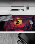 36x16 inches anime desk pad in crimson clouds and deep violet shadows, high-contrast late-night vibe.