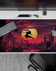 40x20 inches anime desk pad in crimson clouds and deep violet shadows, high-contrast late-night vibe.