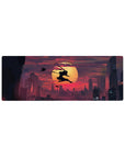 32x12 inches anime mouse pad with ninja silhouette leaping over a giant sun and neon city skyline.