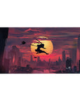 40x20 inches anime desk pad with ninja silhouette leaping over a giant sun above a modern city skyline.