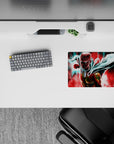 Vibrant 14x10 inches anime mouse pad in crimson and teal, high-contrast lighting for fast, gritty vibes.