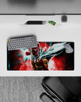 28x12 inches anime mouse pad in neon teal and hot crimson, high-contrast lighting for fast, gritty vibes.