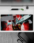 32x16 inches anime mouse pad in hot crimson with neon teal motion lines, gritty high-energy desk mat.