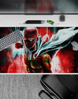 40x20 inches anime desk pad in neon teal and hot crimson, high-contrast lighting and fast comic energy.