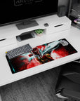 32x12 inches Saitama mouse pad, calm face mid-charge, cape snapping as he surges forward to punch.