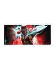 28x12 inches anime mouse pad with Saitama punch-forward art, teal streaks on crimson, bold comic action.