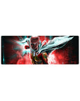 32x12 inches anime mouse pad with hero punch pose, yellow suit, red gloves, dynamic cape and streaks.
