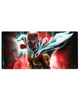 32x16 inches anime mouse pad with Saitama punch pose, yellow suit, red gloves, teal streaks, red backdrop.