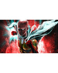 40x20 inches anime desk pad with hero punch pose, yellow suit, red gloves, and dynamic teal streaks.