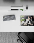 Cozy blue-gray eyed anime girl mouse pad 14x10 inches with calm green background and soft shading.