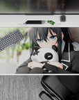 Cozy green-toned anime desk pad 40x20 inches with soft shading, moody vibe, and glossy eyes.