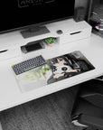 28x12 inches anime girl mouse pad showing a timid girl with inky hair hugging a panda in uniform.