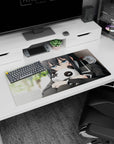 32x16 inches anime girl mouse pad showing an inky-haired schoolgirl hugging a panda plush, crisp uniform trim.