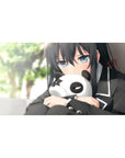 Anime girl desk pad 40x20 inches with shy blue-gray eyes, black uniform trim, and panda plush.