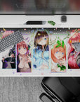 Pastel pink, mint, and blue anime girl desk pad with confetti dots and tiny florals, 40x20 inches.