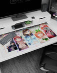 Ichika, Nino, Miku, Yotsuba, and Itsuki Nakano smiling anime desk pad scene, 40x20 inches.