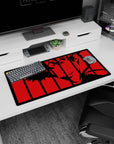 Modern 32x16 inches mouse pad featuring Spike Spiegel in a red-and-black silhouette, framed by shadows for an intense, stylish vibe.