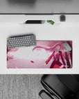 Graceful 28x12 mouse pad with cherry blossoms, flowing hair, and warm golden light for serene anime-inspired design