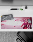 Soft 32x12 mouse pad featuring cherry blossoms, flowing hair, and tranquil golden light for a serene, elegant feel