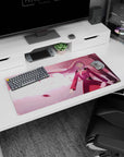 Tranquil 32x16 mouse pad capturing serene cherry blossoms, flowing hair, and soft pink hues with golden light accents
