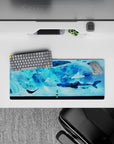 28x12 inches anime desk mat in deep blues and aqua mist, calm wonder vibe with speckled whale sharks.