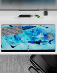 Calming deep blue and aqua anime girl mouse pad 32x16 inches, dreamy ocean vibes for gaming or study.