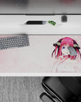 36x16 inches kawaii desk pad in soft pink with bright magenta hair and ocean-blue eyes, cozy romance vibe.