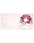 32x16 inches anime girl mouse pad with pink scribble background, white dress, ribbon accents, smooth tracking.