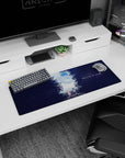 Two students facing on quiet steps anime mouse pad 32x12 inches, hands reaching in a pale sky.