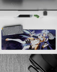 32x12 inches anime girl mouse pad in cosmic purples with silvery lavender hair and glowing space vibes.
