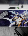 40x20 inches anime girl desk pad in cosmic purples and silvery lavender, dreamy space glow for gaming.