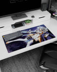 Silver-lavender haired anime warrior on mouse pad 32x16 inches, white armor against a deep galaxy.