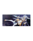 28x12 inches anime girl mouse pad with sci-fi goddess in white armor, gold trim, and starfield hair.