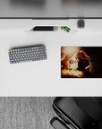 Warm gold glow and smoky red tones on a 14x10 inches anime mouse pad, cozy bold desk aesthetic.