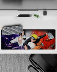Naruto and Sasuke charge with Kurama and Susanoo in red and purple on 32x12 inch anime mouse pad, vivid and dynamic.