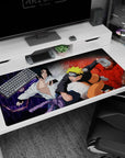 Naruto and Sasuke charging with Kurama and Susanoo in background, 40x20 inches anime mouse pad, bold colors and dynamic action.