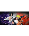 Naruto and Sasuke clash on a 36x16 inch anime mouse pad, featuring Kurama and Susanoo in vivid red and purple hues.