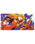 Mouse pad featuring Asuka Langley Shikinami in a vintage design, 32x16 inches, with golden hair and red plugsuit set against deep blues.