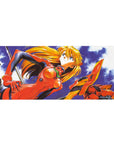 Mouse pad featuring Asuka Langley Shikinami in a vintage design, 36x16 inches, with golden hair, red plugsuit, and a sky of deep blues.