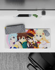 Kazuma and KonoSuba crew on 28x12 inches anime mouse pad, chibi style, bright colors, Aqua, Megumin, Darkness featured.