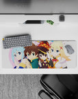Kazuma and KonoSuba crew on 32x12 inch chibi anime mouse pad, featuring Aqua, Megumin, and Darkness in a vibrant design.