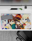 Kazuma and KonoSuba crew chibi-style anime mouse pad, 32x16 inches, with bright colors and cheerful character vibes.