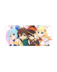 Kazuma and KonoSuba crew anime mouse pad, 28x12 inches, with chibi style, bright palette, and cheerful party energy.