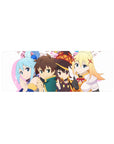 Kazuma and KonoSuba crew on 32x12 inch anime mouse pad, chibi-style, bright colors, showcasing Aqua, Megumin, and Darkness.