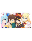 Kazuma and KonoSuba crew on 32x16 inch anime mouse pad; chibi style, vibrant colors, Aqua, Megumin, and Darkness featured.