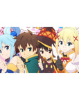 Chibi-styled 40x20 inch KonoSuba anime desk pad featuring Kazuma, Aqua, Megumin, Darkness, and vibrant colors.