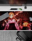 Anime desk pad 40x20 inches featuring Asuna from Sword Art Online under sakura blossoms and lantern lights, exuding serenity.