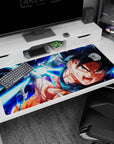 Premium 40x20 inch desk pad with Goku's iconic Kamehameha design, perfect for action-packed workspaces