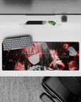 Intense 32x12 mouse pad features piercing red eyes, glitch textures, and intricate overlays for fans of dark, tech-driven artistry